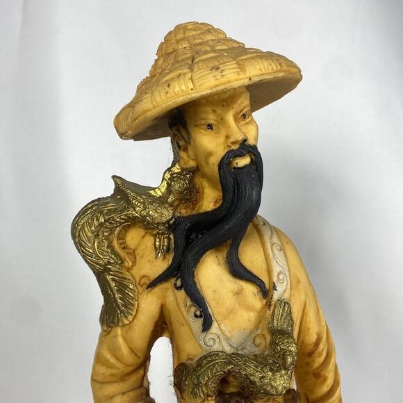 Vintage Asian Man Phoenix Birds Hand Carved Solid Resin Sculpture - Picture 3 of 9